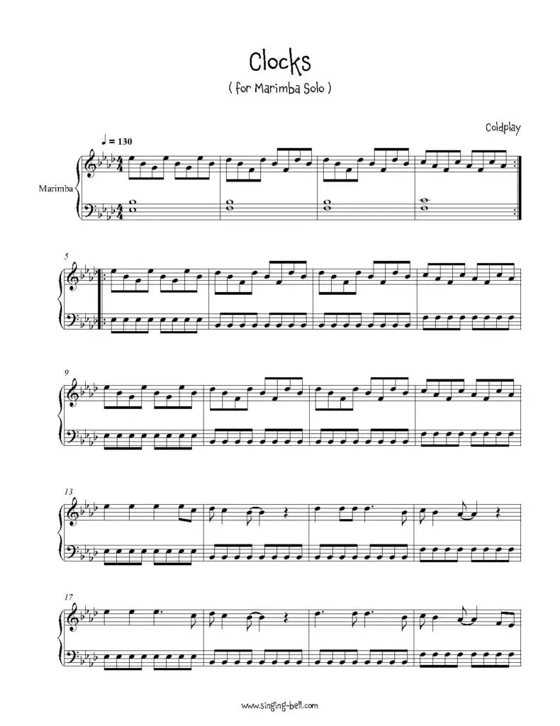 Clocks Coldplay Marimba arrangement sheet music pdf p.1