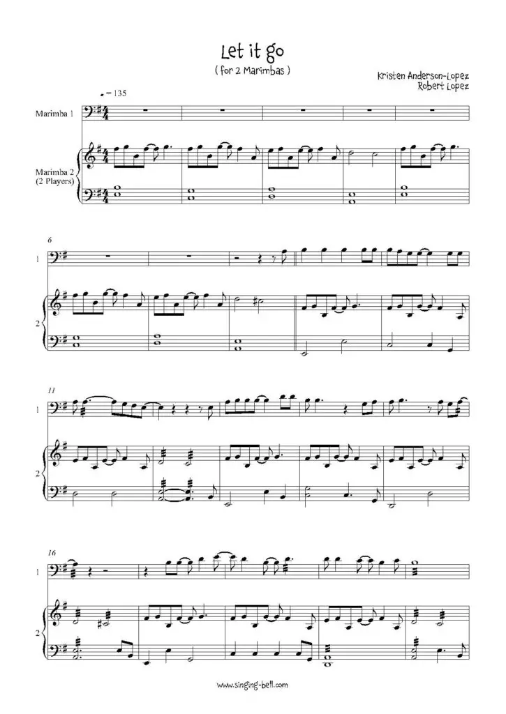 Let it Go Frozen marimba arrangement sheet music pdf p.1