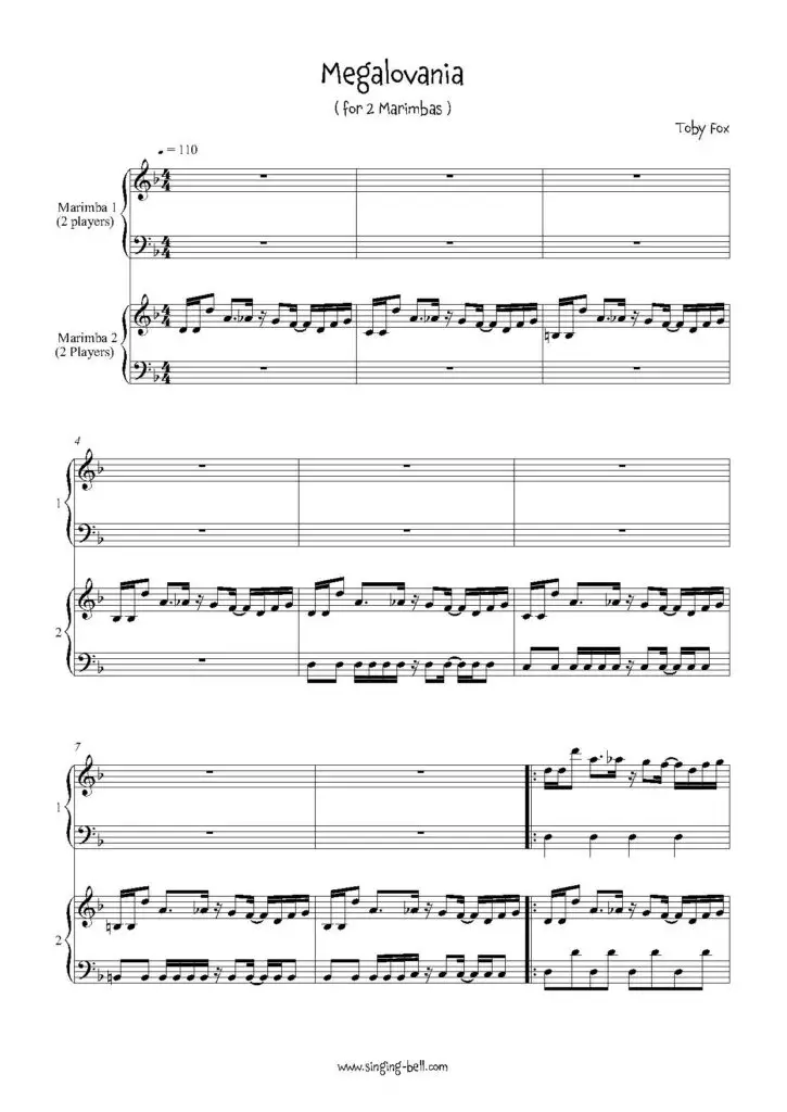 Megalovania 2 marimbas arrangement sheet music pdf p.1