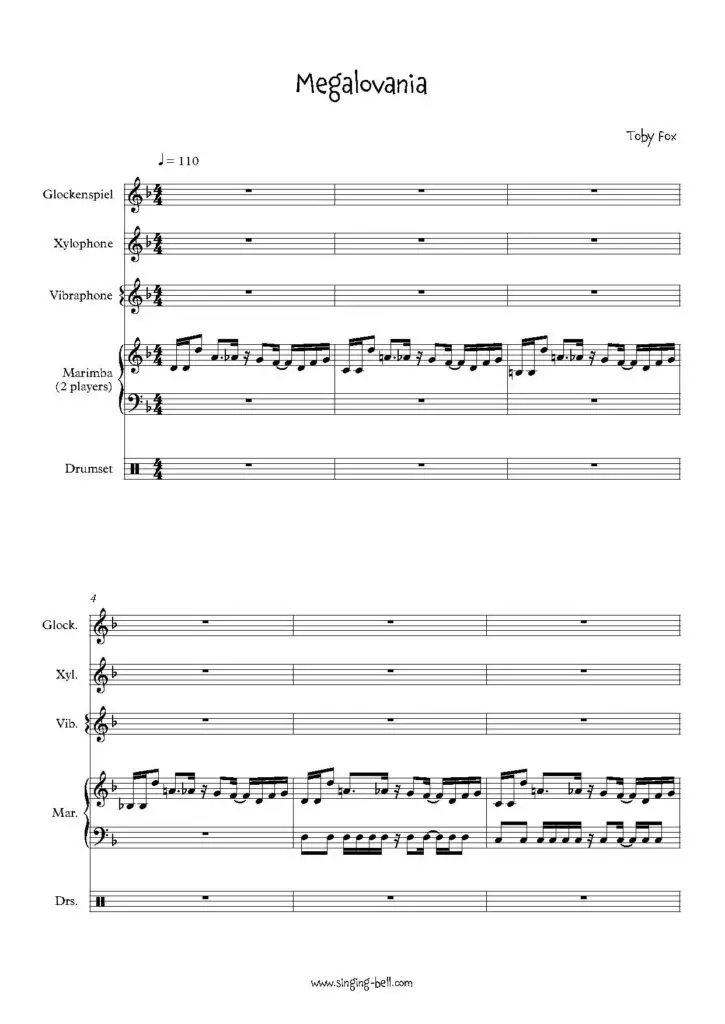 Megalovania percussion ensemble arrangement sheet music pdf p.1