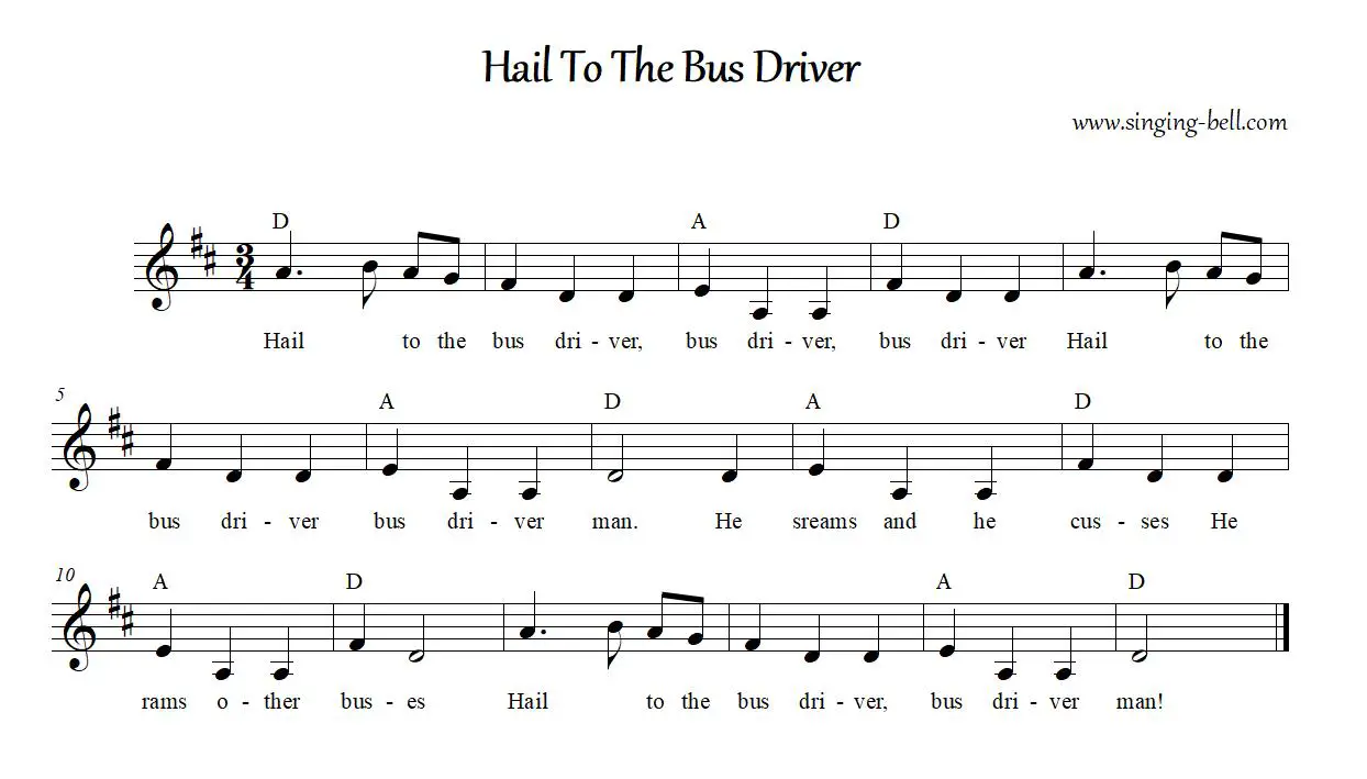 Hail To The Bus Driver Karaoke Sheet Music PDF Singing-Bell