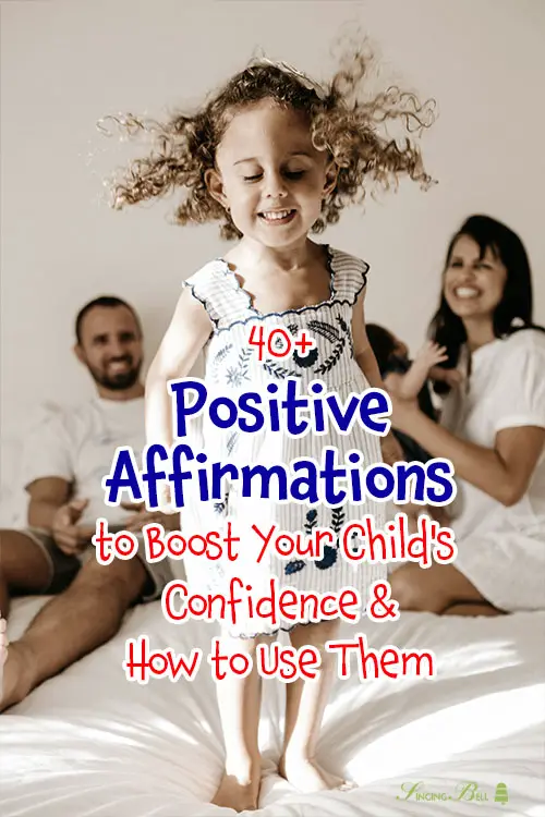 40+ Positive Affirmations for kids - Pinterest photo of girl jumping on bed while parents watch her smiling at the background.