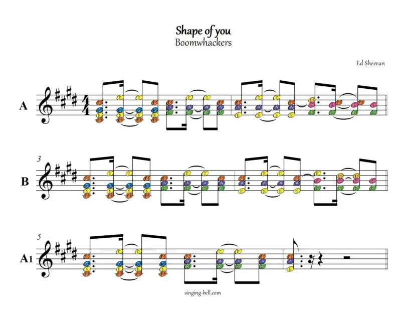 Shape of you boomawhackers original key color sheet music p.1