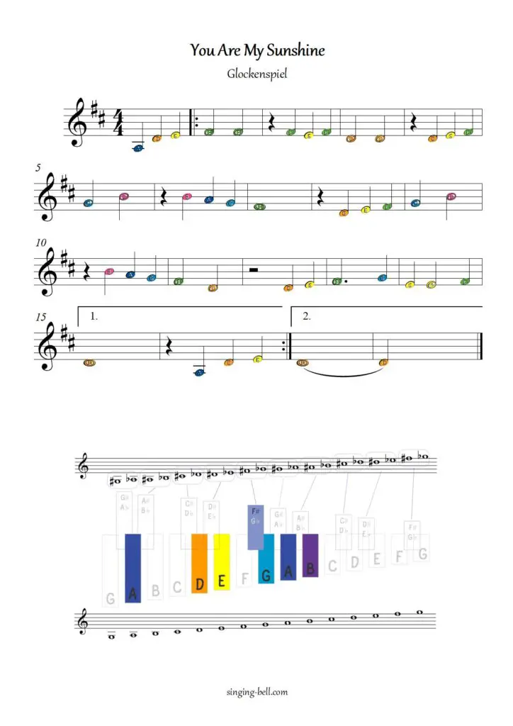 You Are My Sunshine_Glockenspiel_D_Chroma_Singing-bell : Singing Bell You are my sunshine xylophne glockenspiel color sheet music