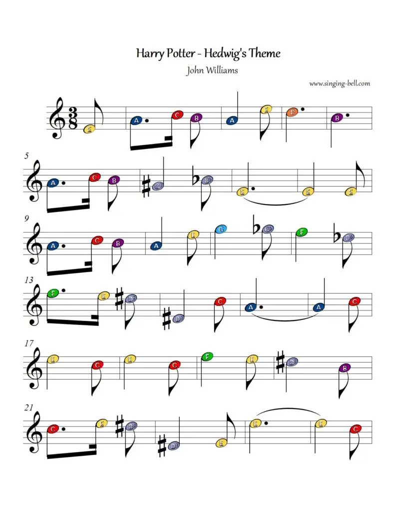 Harry Potter Hedwigs Theme xylophone glockenspiel color notes sheet music p.1