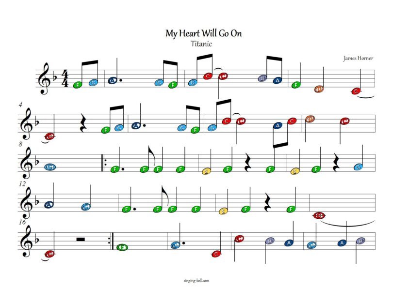 My Heart Will Go On Titanic xylophone glockenspiel color notes sheet music p.1