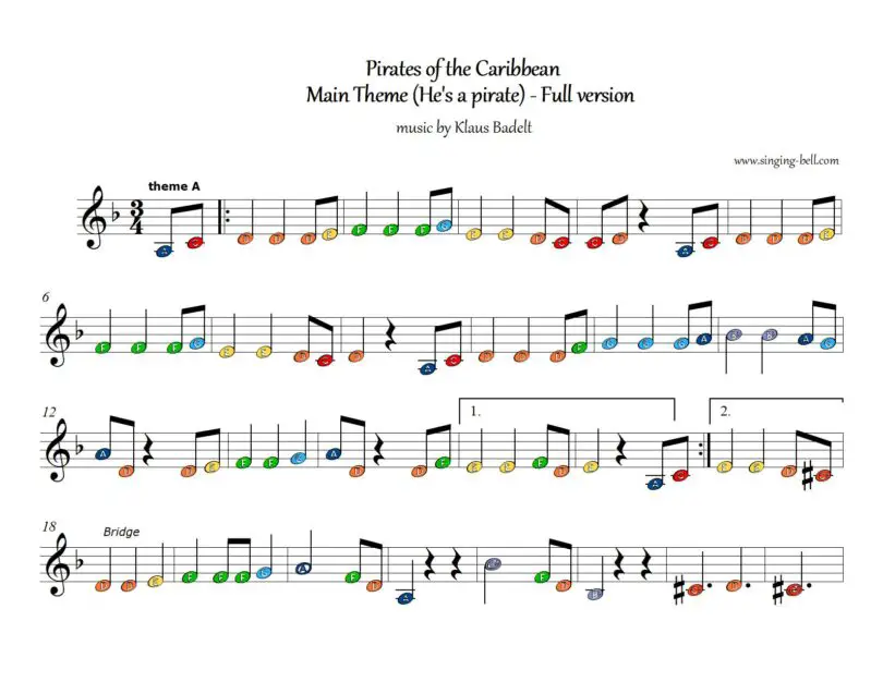 Pirates of the Caribbean xylophone glockenspiel color notes sheet music full p.1