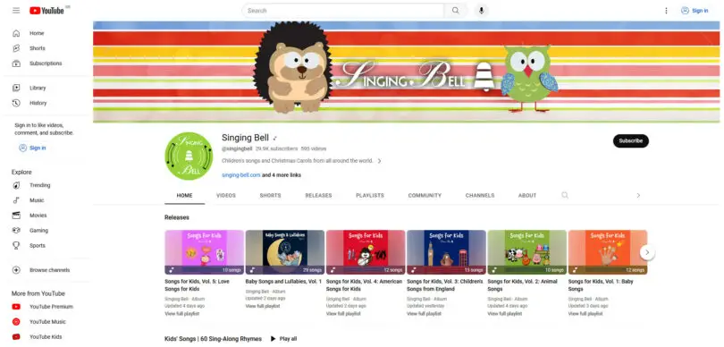 Singing Bell YouTube Channel screenshot : Singing Bell