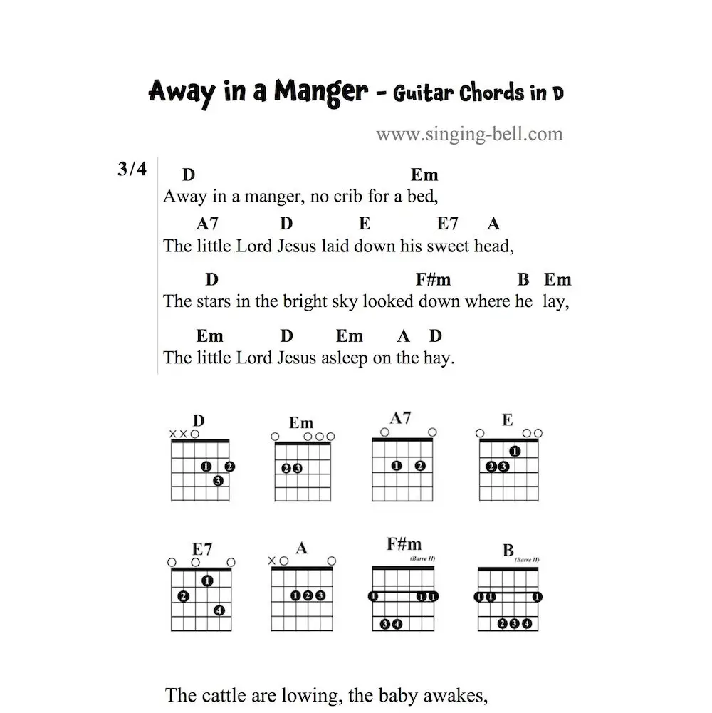 Away in a manger - Guitar Chords in D (Kirkpatrick Version)