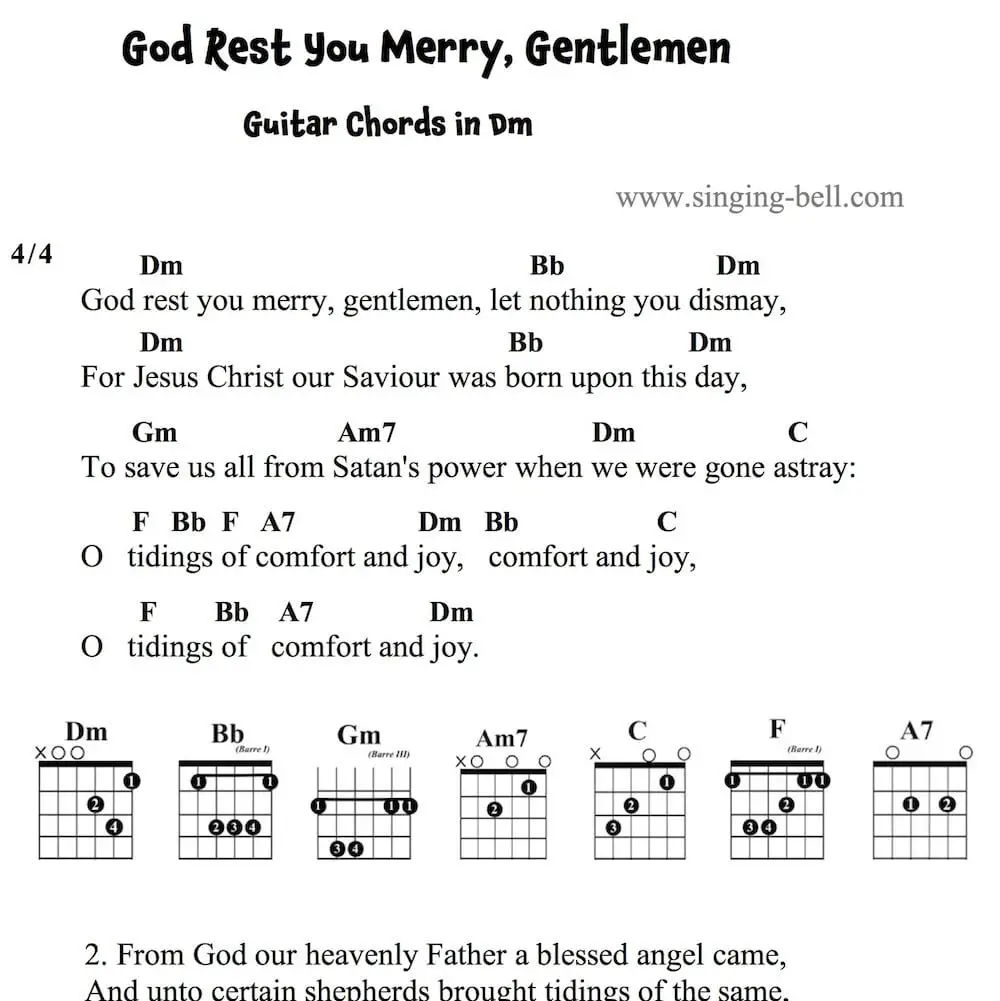 God Rest You Merry Gentlemen easy Guitar Chords and Tabs in Dm.