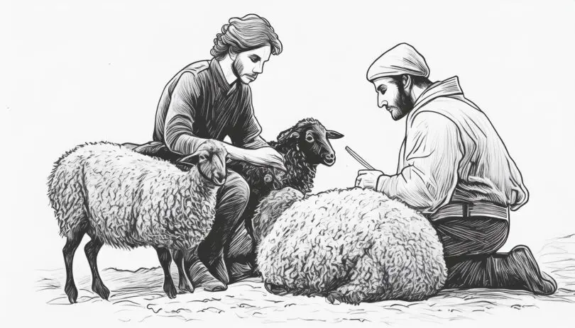 A man is collecting tax from a shepherd during the English wool trade. : Singing Bell English wool trade