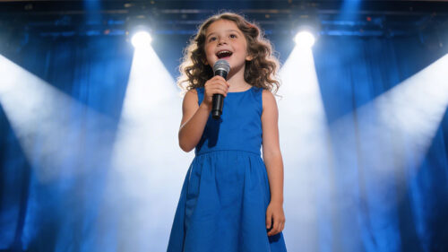 child singing karaoke kids song with microphone on stage