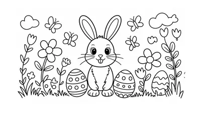 Religious-Neutral Spring Easter Scene Coloring page 1 thumbnail