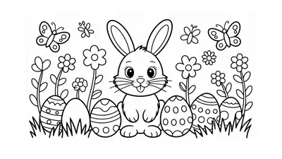 Religious-Neutral Spring Easter Scene Coloring page 2 thumbnail
