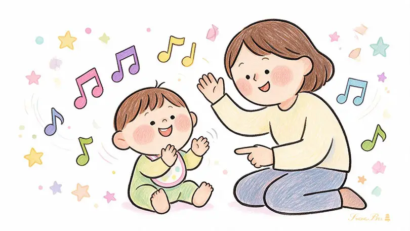 Mother and baby sit on the floor, smiling and clapping as colorful musical notes float around them.