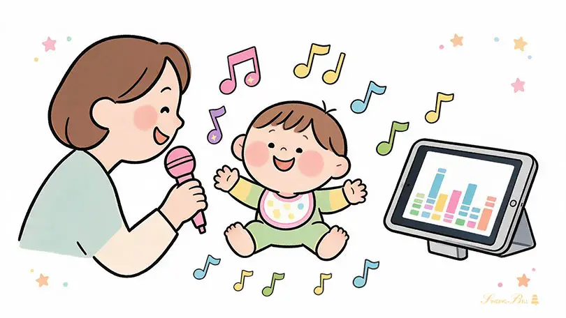 Mother singing into a pink microphone as a baby dances with arms raised, surrounded by colorful musical notes, beside a tablet showing a bar chart.