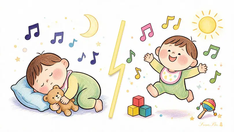 Two babies separated by a yellow zigzag bolt: left asleep with a teddy bear, right awake and joyful, playing with blocks and a rattle under sun and music notes