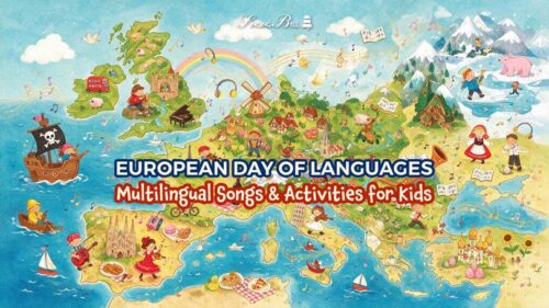 Colorful kids' world map with Europe and playful scenes, featuring the banner 'European Day of Languages: Multilingual Songs & Activities for Kids'.